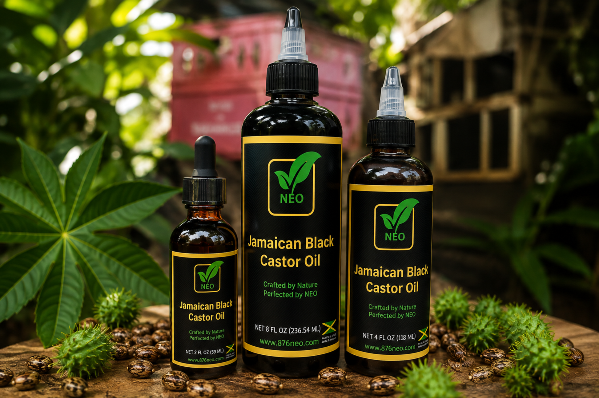 Authentic Jamaican Black Castor Oil bundle including 2 oz, 4 oz and 8 oz bottles handcrafted in Jamaica by 876 NEO